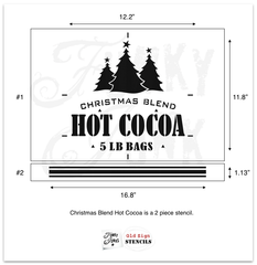 Christmas Blend Hot Cocoa 5 LB Bags is a charming grain sack styled stencil with a group of 3 festive hand drawn Christmas trees, quirky stars and grain sack styled letters. Included is a grain sack stripe to complete the look! By Funky Junk's Old Sign Stencils.