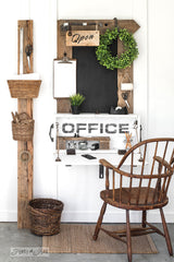 Make this lidded crate into a compact office desk with pipe hung Open sign with Funky Junk's Old Sign Stencils!