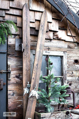 Learn how to make wood plank skis for Christmas decorating  striped with Grain Sack Stripe stencils from Funky Junk's Old Sign Stencils!