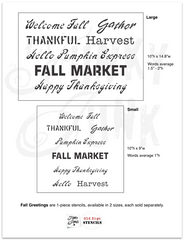 Fall Greetings by Funky Junk's Old Sign Stencils offers the perfect fall sayings all on one stencil! Designed with a fun mix of fonts, this stencil is perfect for enhancing any fall project. Includes: Welcome Fall, Gather, Thankful, Harvest, Hello Pumpkin, Pumpkin Express, Fall Market, Happy Thanksgiving. 2 sizes.
