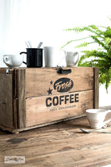 Learn how to make a rustic Fresh Coffee station appliance garage with Funky Junk's Old Sign Stencils!