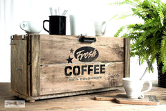 Learn how to make a rustic Fresh Coffee station appliance garage with Funky Junk's Old Sign Stencils!