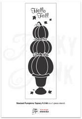 Create a major fall porch statement with our vertical Stacked Pumpkins Topiary stencil! Includes 3 stacked pumpkins nested on grapevines in a pedestal planter, and Hello Fall caption with falling leaves. Stencil pumpkins plain, or customize with pumpkin faces or illuminate with drilled holes. For fall and Halloween!