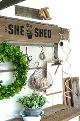 She Shed sign make with Potting Shed stencil by Funky Junk's Old Sign Stencils. Paint professional looking vintage farmhouse styled garden signs onto reclaimed wood with a stencil in minutes!