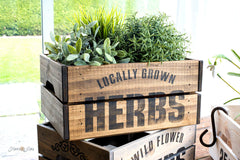 Locally Grown Herbs garden stencil by Funky Junk's Old Sign Stencils celebrates all things garden, sign, crate or grain sack style! Big, bold timeless letters with decorative herb leaf graphics to complete your garden loving story. This stencil is compact for smaller garden projects.