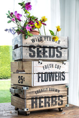Wild Flower Seeds 10 LB garden stencil by Funky Junk's Old Sign Stencils celebrates all things garden, crate or grain sack style! Big, bold timeless letters with a decorative flourish. Compact for smaller garden projects.