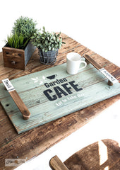 Create this whimsical Garden Cafe tray with garden stake handles with Funky Junk's Old Sign Stencils!