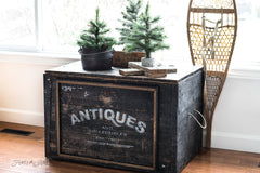 Reclaimed wood trunk enhanced with Antiques by Funky Junk's Old Sign Stencils. Celebrate your love for vintage collections, by painting your own old Antiques sign onto reclaimed wood, furniture, etc!