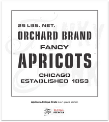 Bring a touch of vintage to your projects with this Apricots antique crate stencil! This rustic fruit crate stencil is designed to mimic a real vintage crate, whether you choose to stencil reclaimed wood or an old crate. Entire stencil reads: 25 Lbs net, Orchard Brand Fancy Apricots, Chicago, Established 1853.