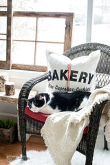 A grain sack pillow with authentic looking stenciled grain sack stripes, made with Funky Junk's Old Sign Stencils