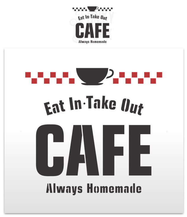 Cafe stencil by Funky Junk's Old Sign Stencils is a diner-style food stencil, perfect for kitchen decorating! It comes with a big ol' classic cup, checkered border and offers an edgy nod towards your own home cooking with Eat In - Take Out - Always Homemade. Perfect for signs, serving trays, TV trays, throw pillows.
