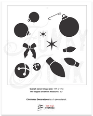 Christmas Decorations by Funky Junk's Old Sign Stencils is a charming Christmas graphics stencil that includes 3 sizes of Christmas lights, 3 sizes of Christmas ornaments, 2 twinkle stars, a tied Christmas bow and 2 sizes of sleigh bells. This high quality 10 mil mylar 1-piece reusable stencil measures 10" x 10".