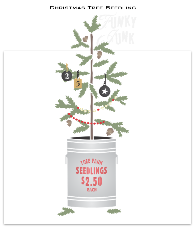 The Christmas Tree Seedling stencil features a Christmas tree seedling planted in a tin can, including a sign reading "Tree Farm Seedlings, 2.50 Each". This Christmas tree stencil features natural sparse branches attached to a woodsy stem, making decorating the tree so versatile! Makes the perfect Christmas porch sign!