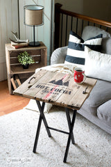 Make this reclaimed wood tray with Grain Sack Stripe and Christmas Blend Hot Cocoa stencils by Funky Junk's Old Sign Stencils