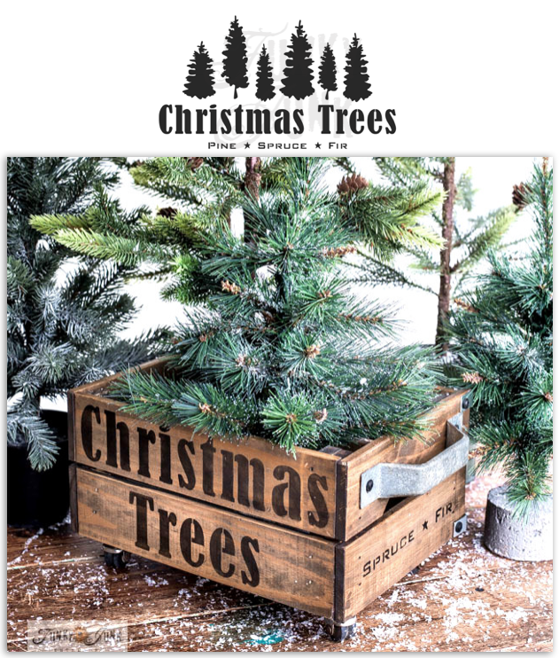 Christmas Trees is a charming Christmas tree farm-styled stencil design that includes text and a forest of 6 randomly sized hand drawn trees. By Funky Junk's Old Sign Stencils.