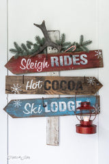 Create this festive winter directional  sign with Sleigh Rides, Hot Cocoa and Ski Lodge from Funky Junk's Old Sign Stencils!