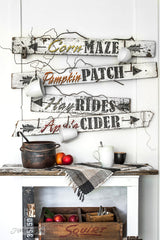 Make these fall directional signs with iconic fall sayings by Funky Junk's Old Sign Stencils! 4 to choose from: Pumpkin Patch, Apple Cider, Hay Rides and Corn Maze.