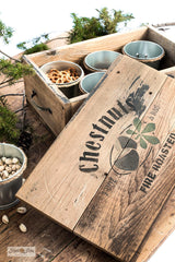 Learn how to build a DIY wood crate snack box with a charming Chestnuts theme stenciled on the lid with Funky Junk's Old Sign Stencils!