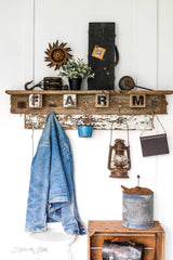 Farm shelf made with Apple Farm stencil by Funky Junk's Old Sign Stencils. Celebrate your love for fall produce, by painting your own apple farm sign onto wood or old crates! Includes a whimsical apple graphic.