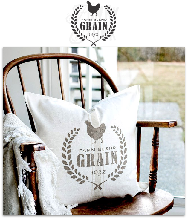 Farm Blend Grain 1932 is a vintage-styled grain sack stencil design making it easy to stencil grain sack designs onto pillows or projects. Comes with a chicken graphic, crossed wheat and timeless fonts. By Funky Junk's Old Sign Stencils.