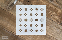 Farmhouse Quilt pattern stencil by Funky Junk's Old Sign Stencils is a reusable, repeating pattern stencil that mimics the look of a cozy vintage farmhouse quilt! Images include mini quilt stars and square stitches spaced for a modern farmhouse look. Perfect for coasters, pillows, table runners, or any project desired.