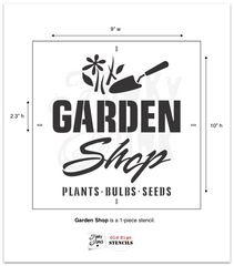 Garden Shop stencil by Funky Junk's Old Sign Stencils celebrates all things garden, crate or grain sack style! Big, bold timeless letters with a decorative garden trowel and flowers to capture the entire garden loving story. This stencil is compact for smaller garden projects.
