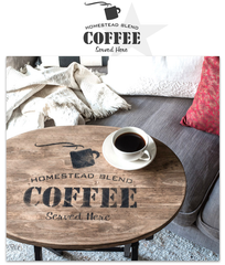 Homestead Blend Coffee - Served Here by Funky Junk's Old Sign Stencils is a 1-piece coffee-themed stencil that offers visions of your favorite coffee shop! Designed with bold coffee letters, subtext, and a steaming mug graphic. This coffee stencil is perfect for stenciling on crates, pillows, tv trays, signs and more!