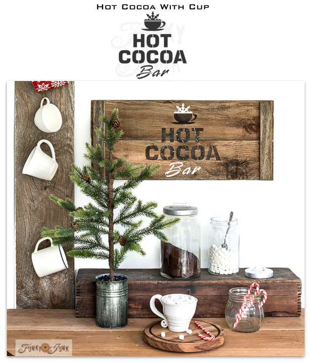 Hot Cocoa with Cup is a Christmas stencil that celebrates our love for this special holiday beverage! Designed in bold letters reading Hot Cocoa Bar, with a cup serving up a wintery snowflake!