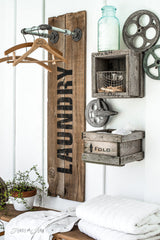 The Laundry Wash Dry Fold stencil by Funky Junk's Old Sign Stencils  is a bold, clean and timeless stencil design, conjuring up memories of the old laundromats from the past. Perfect for creating a Laundry room sign with vintage charm! Comes with a small directional arrow graphic.