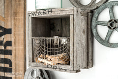 Mini crate laundry shelves, part of Laundry by Funky Junk's Old Sign Stencils. Paint professional looking vintage farmhouse styled signs onto reclaimed wood or furniture with this stencil!