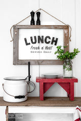 Make this old window Lunch Fresh 'n Hot sign with Funky Junk's Old Sign Stencils