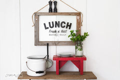 Lunch sign on a window by Funky Junk's Old Sign Stencils. Paint professional looking vintage farmhouse styled food signs onto reclaimed wood or furniture with this stencil!