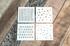Mini Christmas Patterns by Funky Junk's Old Sign Stencils.  Add festive touches to any small surface or other stenciled images with this compact pattern kit! Includes 4 stencils with designs of round snowflakes, candy cane stripes (or layer to create plaid or buffalo check), whimsical stars and Christmas / forest evergreen trees.