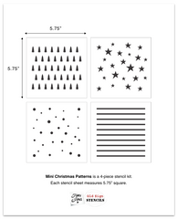 Mini Christmas Patterns by Funky Junk's Old Sign Stencils.  Add festive touches to any small surface or other stenciled images with this compact pattern kit! Includes 4 stencils with designs of round snowflakes, candy cane stripes (or layer to create plaid or buffalo check), whimsical stars and Christmas / forest evergreen trees.