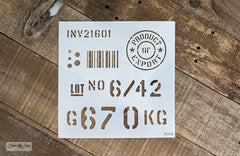 Pallet Stamps pallet stencil by Funky Junk's Old Sign Stencils is a pallet stencil designed to get the look of authentic pallet markings on any project! This pallet sign stencil is designed with random numbers, a product of export logo, scan code, and nail heads and bolt head images. Stencil crates, wood projects, and more.