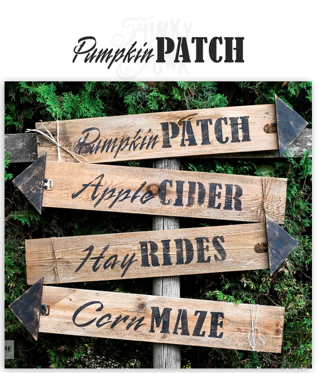 Pumpkin Patch fall stencil by Funky Junk's Old Sign Stencils is the perfect stencil for fall or Halloween decorating! Create a sign on reclaimed wood, use it on furniture, or anywhere desired! Collect all our fall signs that match - Corn Maze, Hay Rides and Apple Cider.