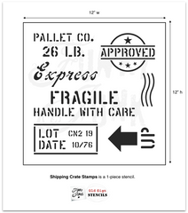 The Shipping Crate Stamps stencil is designed to help you create the illusion that your project was made out of a shipping crate! This series uses a true stencil font, along with a bold arrow and Approved stamp for a little extra authentic punch! Perfect for pallet wood, lumber, or any wood projects small or large.