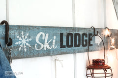 Ski Lodge by Funky Junk's Old Sign Stencils. Paint professional looking winter themed ski lodge signs onto reclaimed wood in minutes with this design! Team with Winter Graphics for whimsical snowflakes!