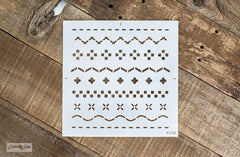 The Stitches pattern stencil by Funky Junk's Old Sign Stencils is a reusable repeating pattern stencil that mimics 9 different sewing or embroidery stitches! Perfect for stenciling as-is or as separate borders, such as along the edges of table runners, plant pots, pillows, etc. to achieve a farmhouse or boho look.