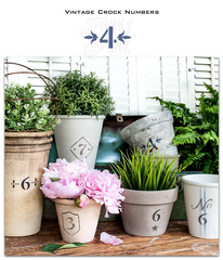 Vintage Crock Numbers by Funky Junk's Old Sign Stencils are number stencils with decorative accents and borders, allowing you to stencil the charming look of a labeled vintage crock onto most any pot desired! Numbers 0-9 are included.