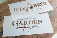 Welcome To My Garden by Funky Junk's Old Sign Stencils. Paint professional looking garden themed signs onto reclaimed wood in minutes with this summer infused stencil design complete with a whimsical branch graphic.