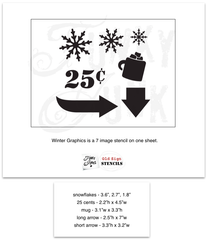 Winter Graphics by Funky Junk's Old Sign Stencils. Paint professional looking winter themed designs consisting of 3 sizes of snowflakes, hot cocoa, 2 arrows, and 25 cents this stencil! All designs on one sheet.