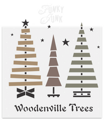 Woodenville Trees Christmas stencil by Funky Junk's Old Sign Stencils helps recreate your love for all things pallet wood Christmas trees! Images include 3 unique wooden Christmas trees each styled differently, with 3 different pallet Christmas tree skirts, wonky sparkling stars and a Woodenville Trees Christmas sign.