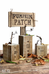 Pumpkin Patch with Pumpkins fall stencils by Funky Junk's Old Sign Stencils come in 2 sizes! Small includes 1 pumpkin graphic, sized for throw pillows, crates or smaller projects. Large vertical includes 3 stacked pumpkins on a vintage wagon & $3 each, sized for a vertical porch sign.