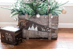 You Cut Tree Farm saw sign made with Funky Junk's Old Sign Stencils. Paint professional looking Christmas tree signs onto reclaimed wood in minutes with this festive stencil! Christmas tree graphic is included.