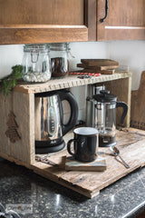 Create a charming Hot Cocoa appliance garage with reclaimed wood and Funky Junk's Old Sign Stencils!